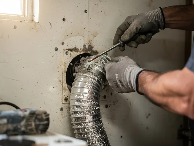 Willowick Dryer Vent Cleaning technician performing precise dryer vent hose installation in Willowick